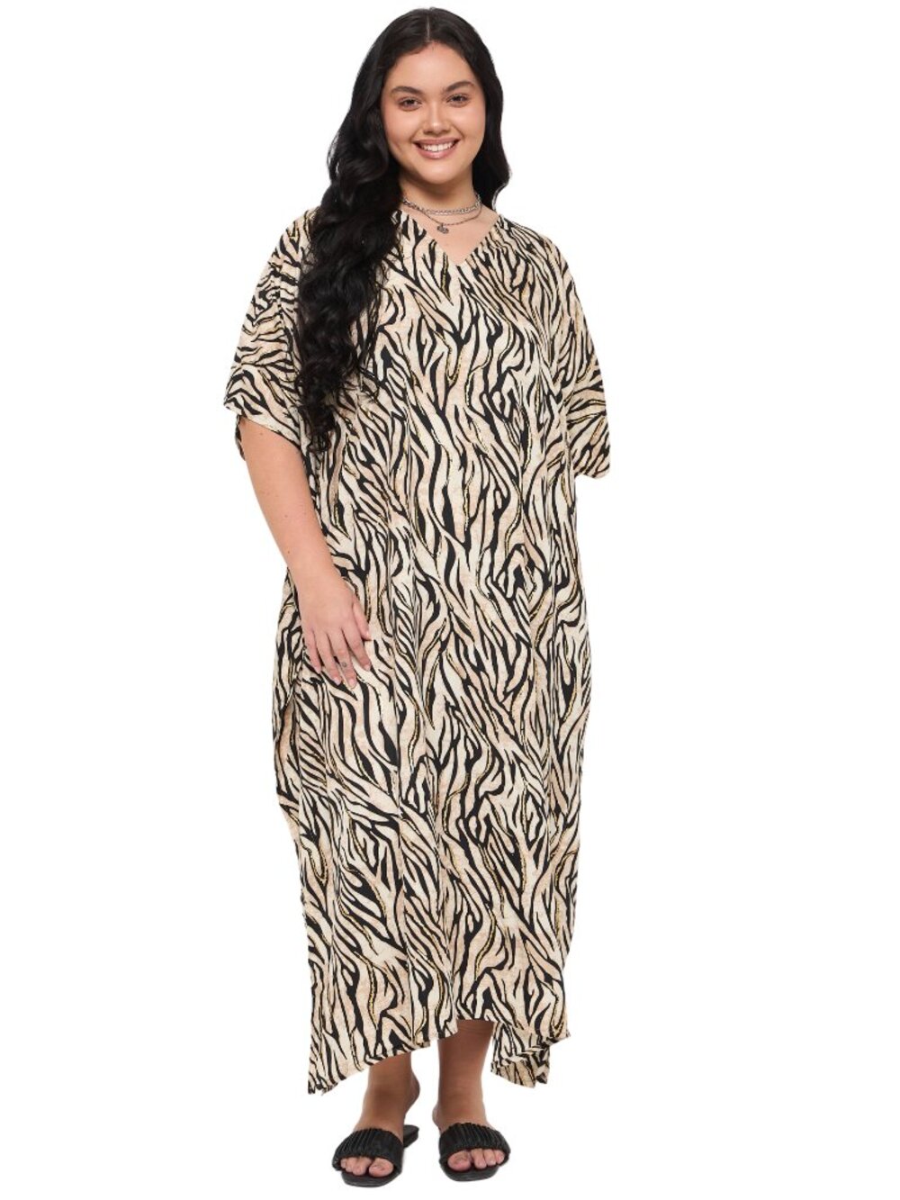 Caftan Dresses for Women Beige & Black Kaftan Maxi Dress Plus Size Cover Up Gown